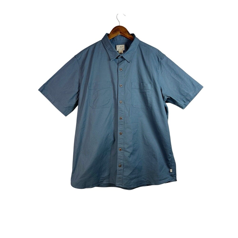 LL Bean Shirt Men Blue Canvas Short Sleeve Button Up Cotton Fishing Size L Tall